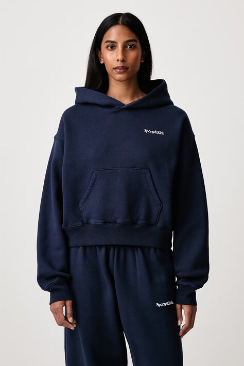 Sporty & Rich Serif Logo bluza z kapturem bawełniana damska granatowa ST10684300BL106