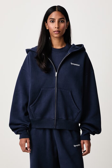 Sporty & Rich Serif Logo bluza rozpinana z kapturem bawełniana damska granatowa ST10284300BL106