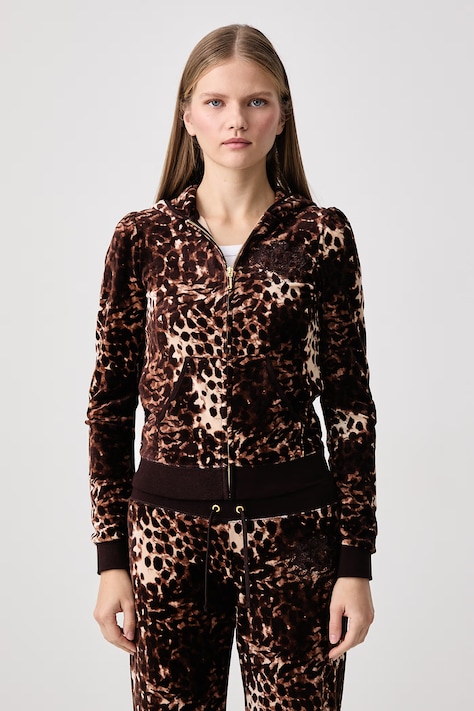 Juicy Couture Mikina na zips s kapucňou dámska ABSTRACT ANIMAL PUFF SLEEVE ROBYN hnedá JCWAS226338