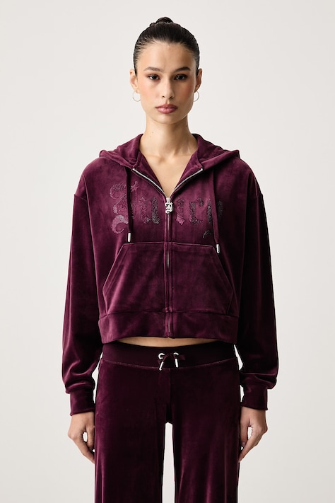 Juicy Couture Кофта на застёжке с капюшоном для женщин из велюра OLD GOTHIC ICCLE бордо JCWAS226333