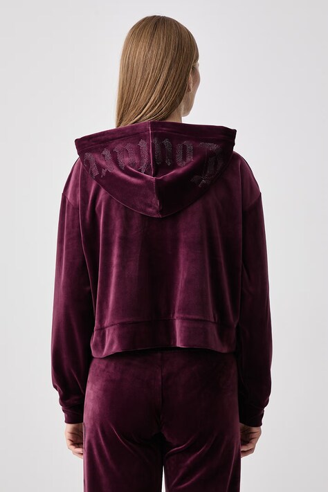 Juicy Couture Dukserica na zakopčavanje sa kapuljačom ženska od velura OLD GOTHIC ICCLE bordo JCWAS226333