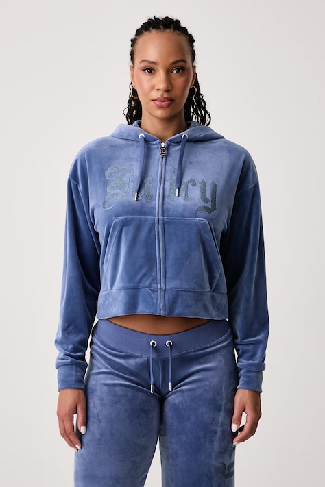 Juicy Couture Dukserica na zakopčavanje sa kapuljačom ženska od velura OLD GOTHIC ICCLE ljubičasta JCWAS226333