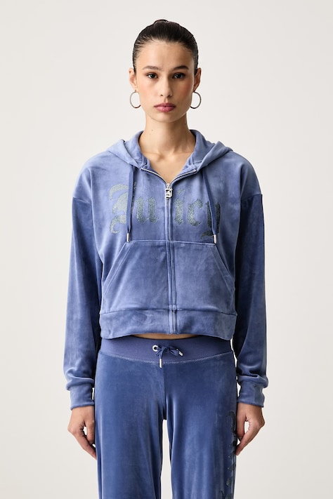 Juicy Couture Rozepínací mikina s kapucí dámská velurová OLD GOTHIC ICCLE fialová JCWAS226333