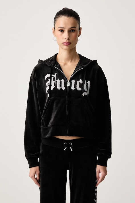 Juicy Couture Mikina na zips s kapucňou dámska zamatová OLD GOTHIC ICCLE čierna JCWAS226333