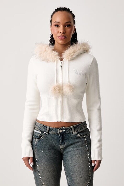 Juicy Couture Pulover z zadrgo ženski z viskozo KNIT JUICY DIAMANTE WITH FUR TRIM bež JCWAS226309