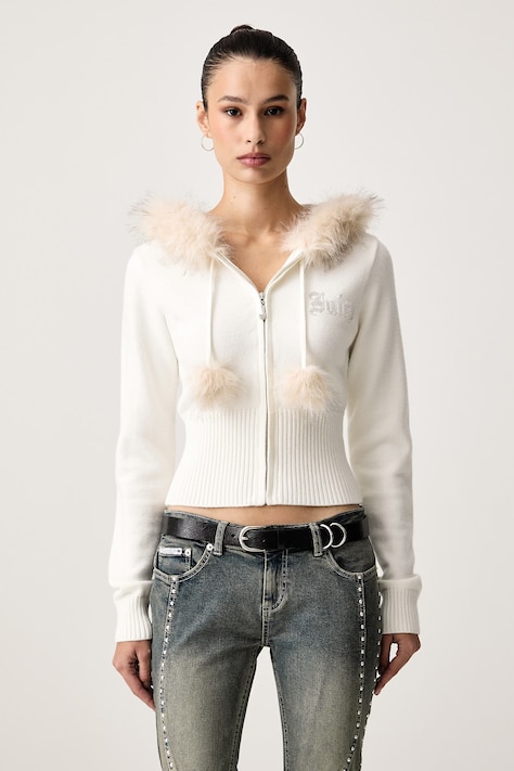 Juicy Couture Rozepínací svetr dámský s viskózou KNIT JUICY DIAMANTE WITH FUR TRIM béžový JCWAS226309