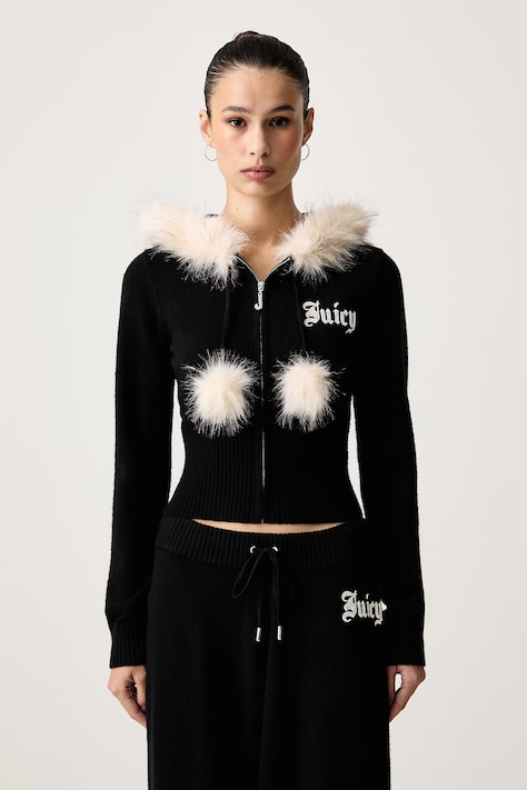 Juicy Couture Свитер на застежке для женщин с вискозой KNIT JUICY DIAMANTE WITH FUR TRIM чёрный JCWAS226309