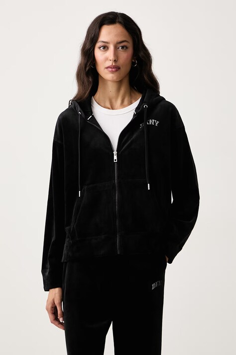 DKNY Bluza rozpinana z kapturem damska welurowa czarna DP6J9750