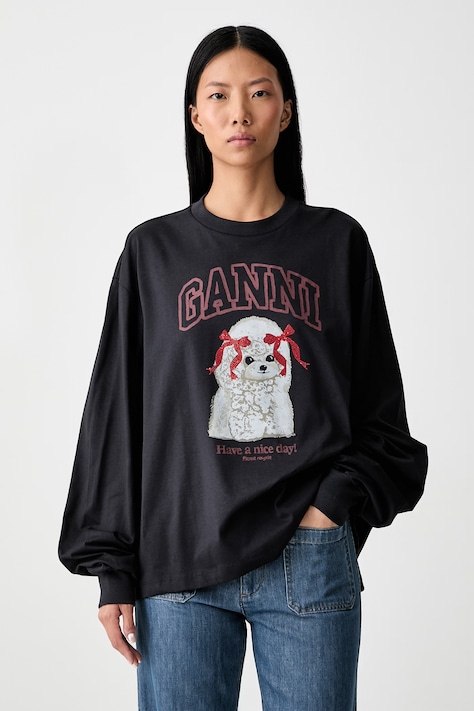 GANNI longsleeve damski bawełniany czarny A1050036