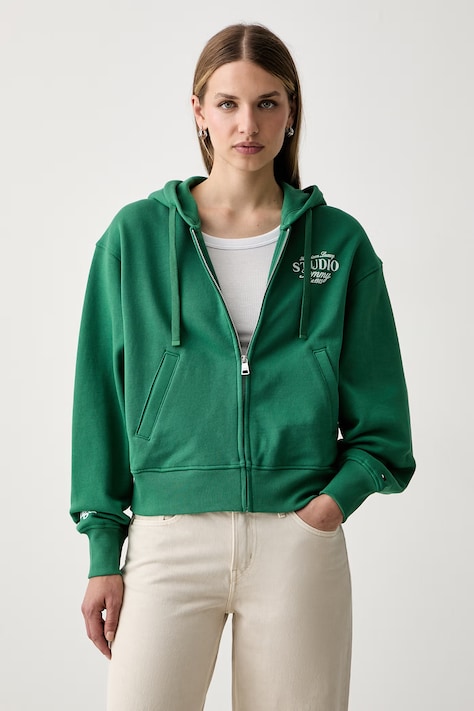 Tommy Hilfiger hanorac cu glugă pentru femei cu bumbac verde WW0WW51596