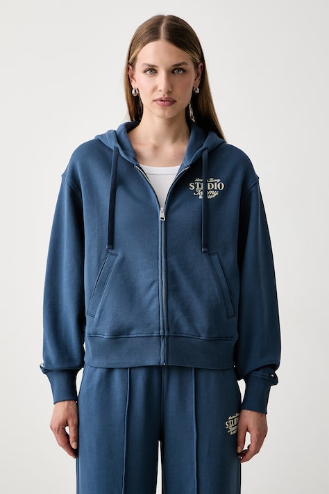 Tommy Hilfiger hanorac cu glugă pentru femei cu bumbac albastru WW0WW51596