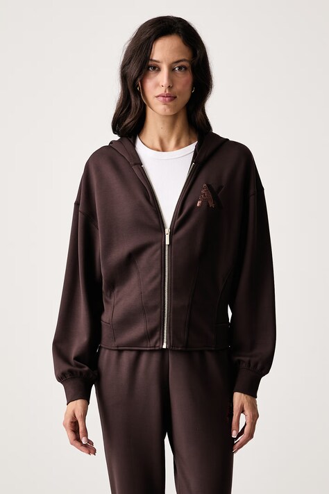 Armani Exchange Hanorac cu fermoar și glugă pentru femei cu vâscoză maro XW002861 AF13397