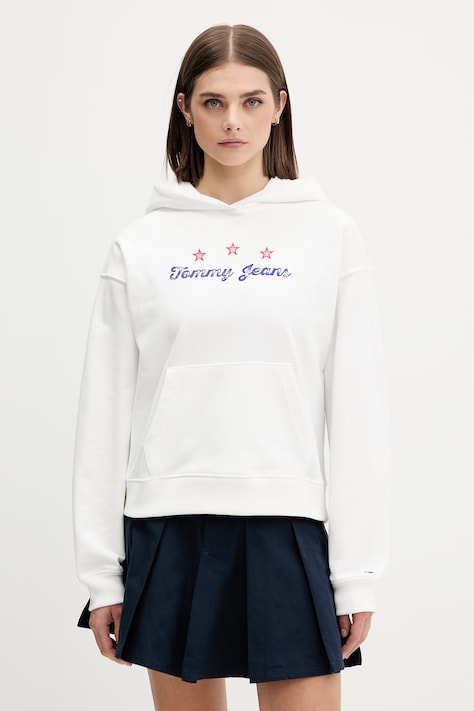 Tommy Jeans μπλούζα με κουκούλα γυναικεία βαμβακερή λευκή DW0DW23484