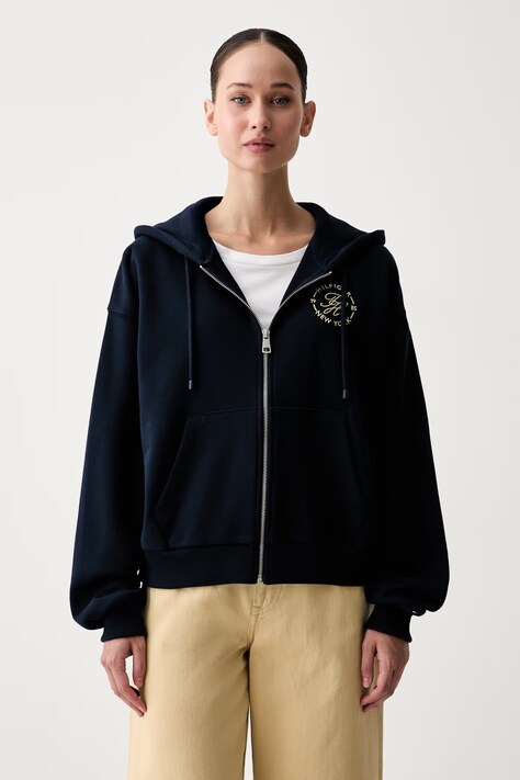 Tommy Hilfiger суичър с цип и качулка дамски от памук тъмносин WW0WW50938