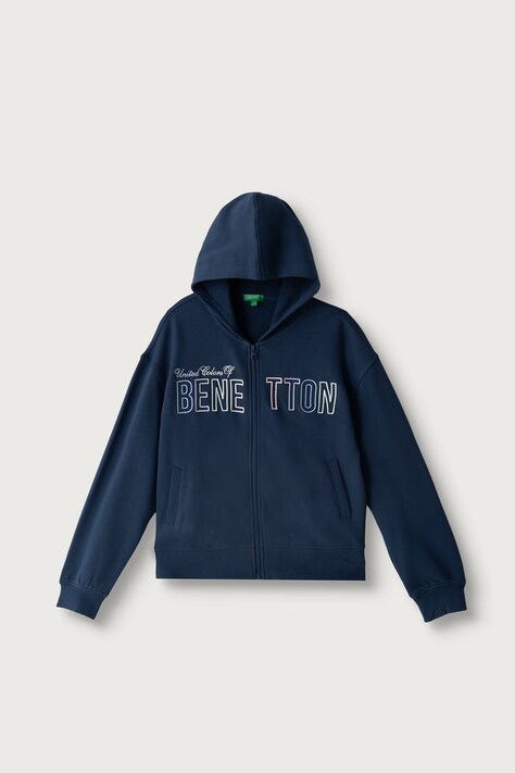 United Colors of Benetton Mikina na zips s kapucňou detská bavlnená tmavomodrá 3J68C506D