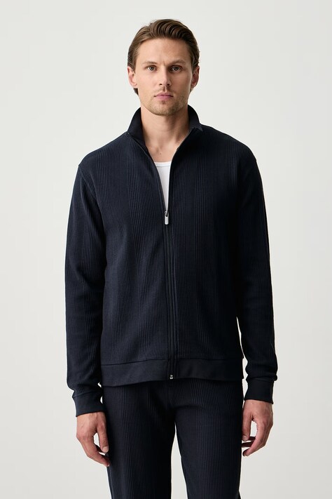 BOSS Hanorac de loungewear pentru bărbați cu bumbac Structure Zip Jacket bleumarin 50559332