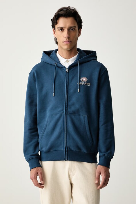 Guess Jeans rozepínací mikina s kapucí pánská bavlněná modrá M6YQ23 K4213