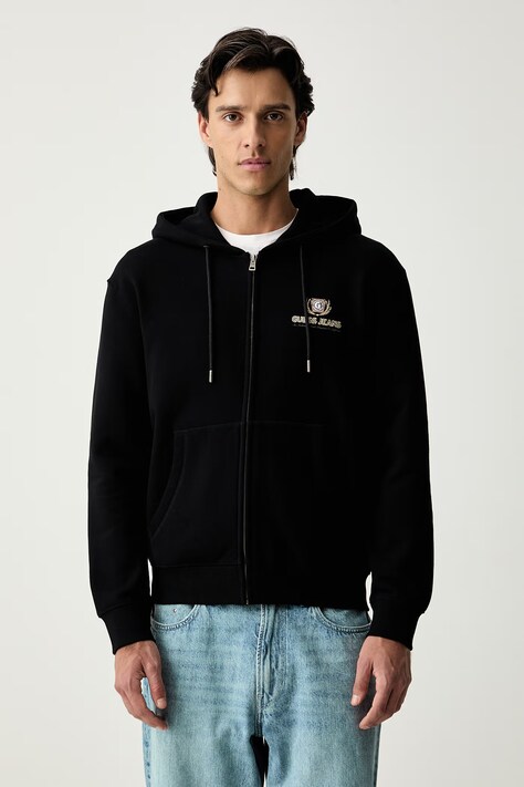 Guess Jeans mikina na zips s kapucňou pánska bavlnená čierna M6YQ23 K4213