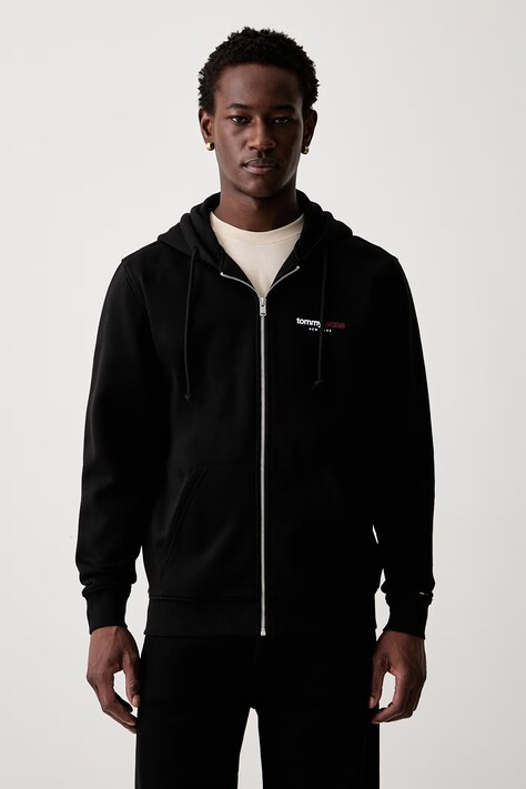 Tommy Jeans hanorac cu fermoar și glugă pentru bărbați, cu bumbac negru DM0DM23404