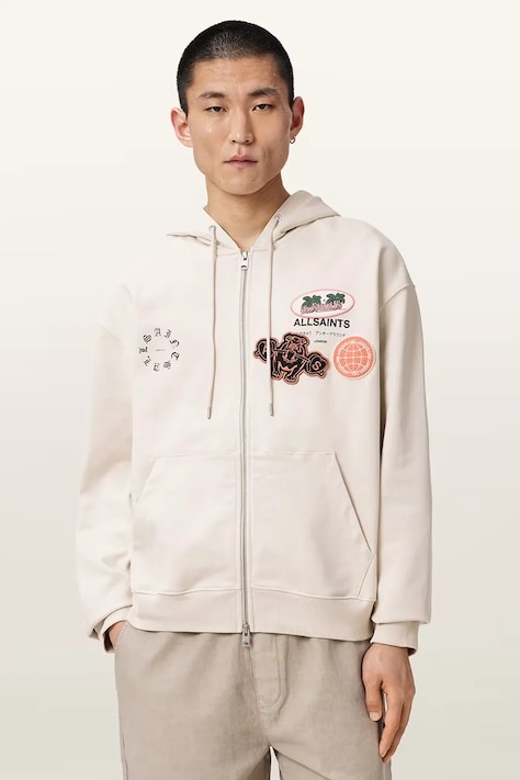 AllSaints bluza rozpinana z kapturem męska bawełniana PATCHER beżowa M014NE