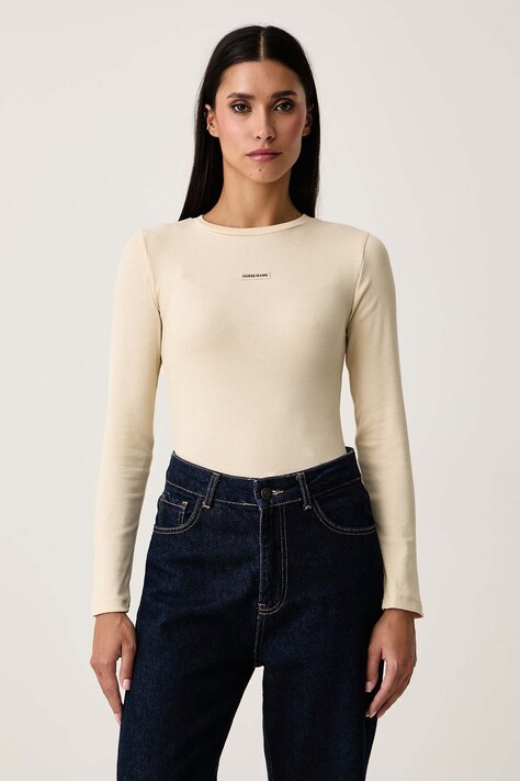 Guess Jeans Longsleeve damski z bawełną beżowy W6BP05 K5470