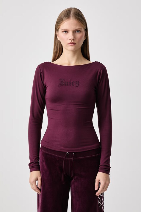 Juicy Couture Tričko s dlhým rukávom dámske s modalom MIA BOAT NECK burgundské JCWCT226329