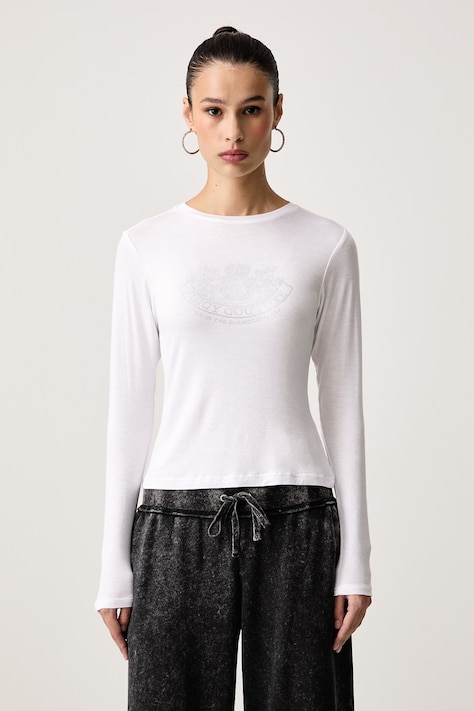 Juicy Couture Longsleeve damski z wiskozą DIAMANTE DOG CREST biały JCWCT226328