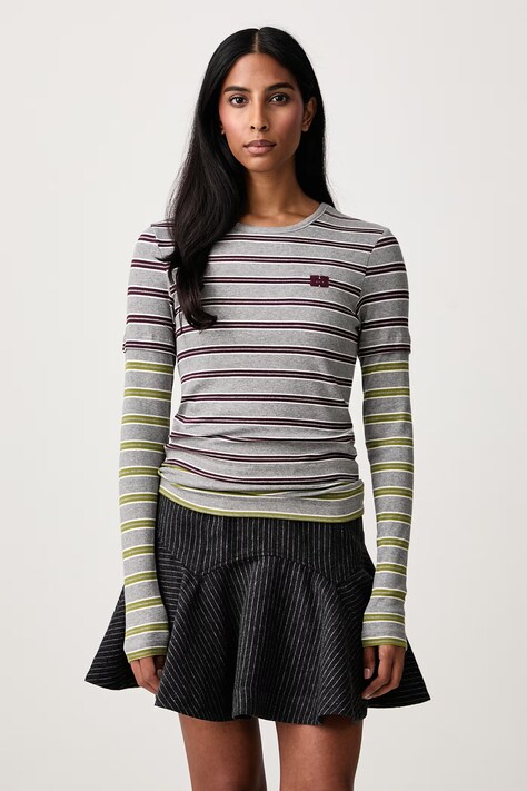GANNI Longsleeve damski bawełniany z elastanem Double Sleeve bordowy A1040472
