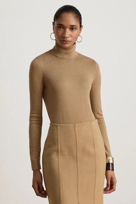 Lauren Ralph Lauren Longsleeve damski z dodatkiem jedwabiu beżowy 200B22254