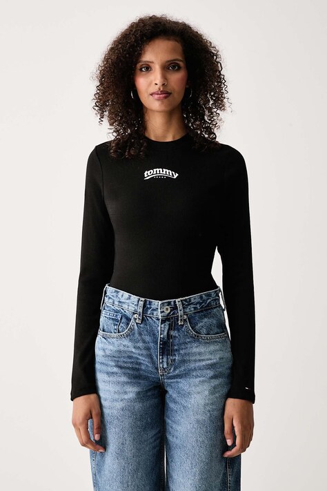 Tommy Jeans Блуза с дълги ръкави дамска от памук с еластан черна DW0DW23254