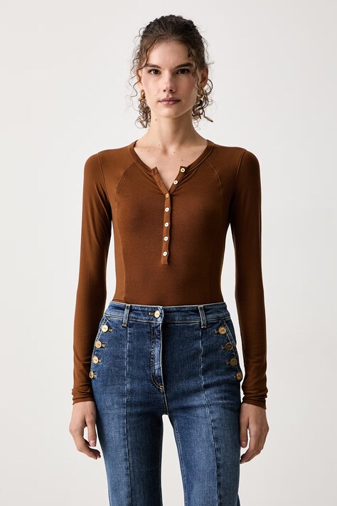 Elisabetta Franchi Body damskie z dodatkiem wełny brązowe BO01B66E2
