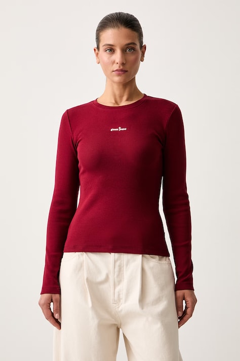 Guess Jeans tričko s dlhým rukávom dámske bavlnené s elastanom burgundské W6YP14 K3821