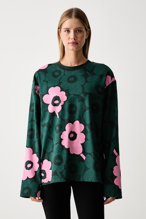 Marimekko Блуза с дълги ръкави дамска от памук зелена 096204