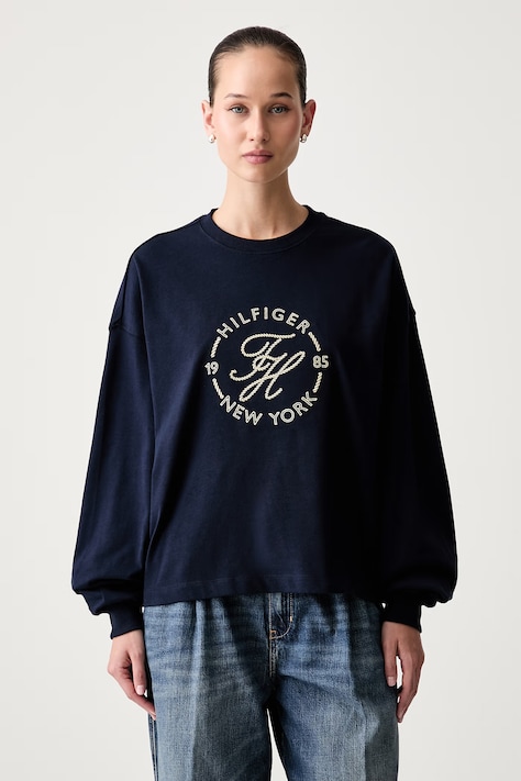 Tommy Hilfiger majica z dolgimi rokavi ženska bombažna mornarsko modra WW0WW50969