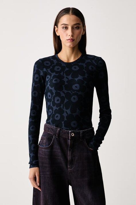 Marimekko Longsleeve damski bawełniany z elastanem granatowy 095932