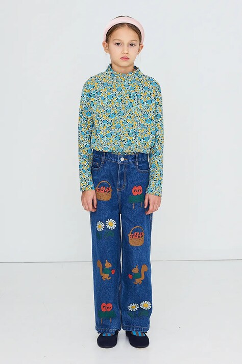 Tinycottons hosszúujjú gyerek pamut elasztánnal FLOWER PATTERN RIB MOCKNECK kék AW26-278