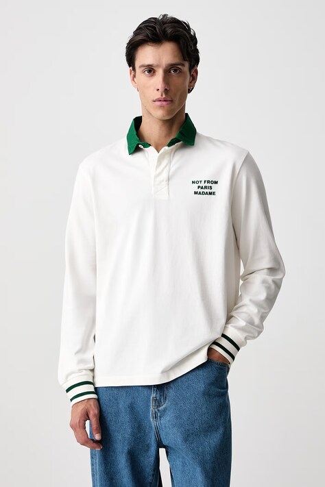 Drôle de Monsieur Longsleeve męski bawełniany Slogan Polo beżowy M-PL190-CO248