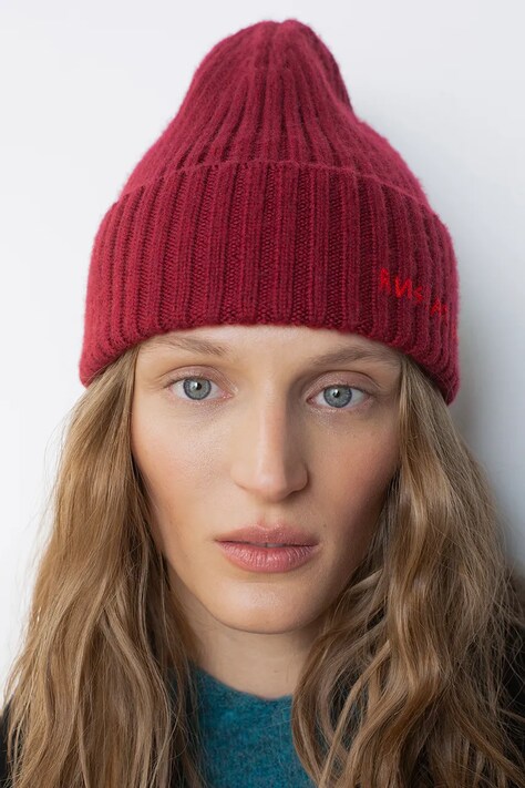 RUSLAN BAGINSKIY Czapka beanie damska z wełny merino bordowa BN067-MW-FL-CD24