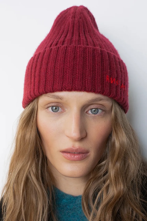 RUSLAN BAGINSKIY Czapka beanie damska z wełny merino bordowa BN067-MW-FL-CD24