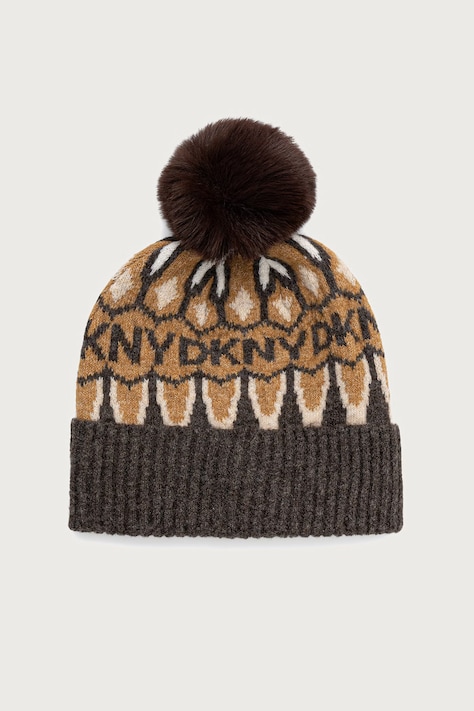 DKNY Czapka z pomponem damska z dodatkiem wełny brązowa D6KH1851