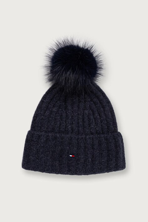 Tommy Hilfiger Czapka z pomponem damska z dodatkiem wełny granatowa AW0AW19330
