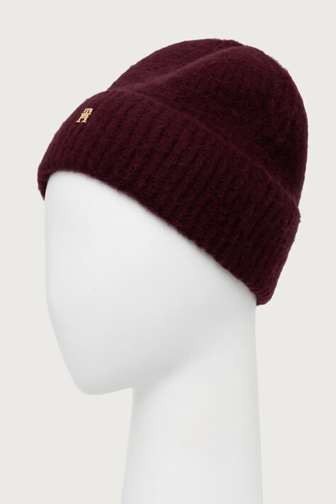 Tommy Hilfiger Czapka beanie damska z wełną bordowa AW0AW19104