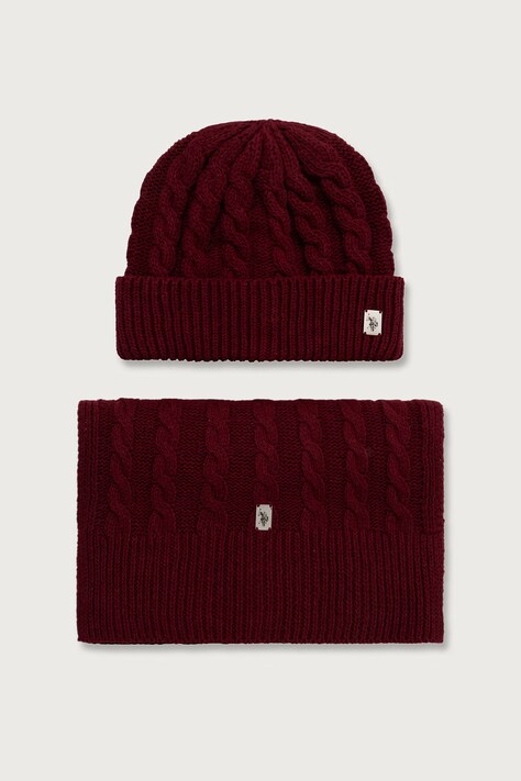 U.S. Polo Assn. Σετ ανδρικό από πρόσμιξη μαλλιού CABLE KNIT SET μπορντό MUP4486