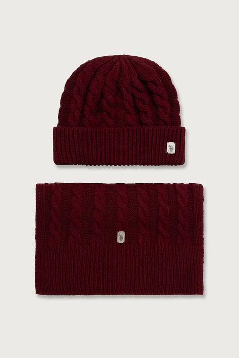 U.S. Polo Assn. Σετ ανδρικό από πρόσμιξη μαλλιού CABLE KNIT SET μπορντό MUP4486