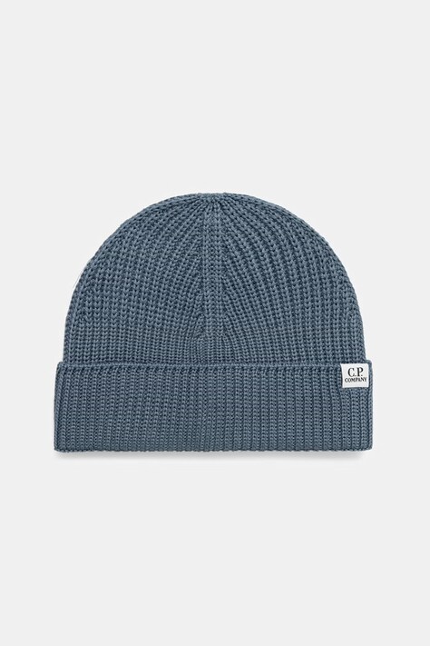 C.P. Company czapka beanie z wełny merino niebieska 21CMAC137A005509A
