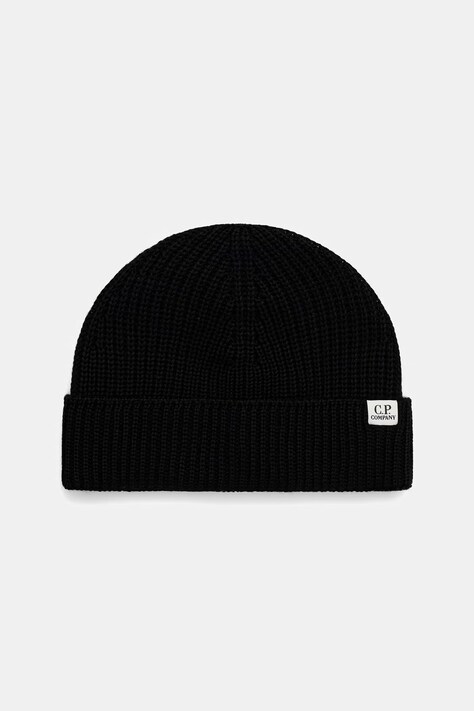 C.P. Company czapka beanie z wełny merino czarna 21CMAC137A005509A