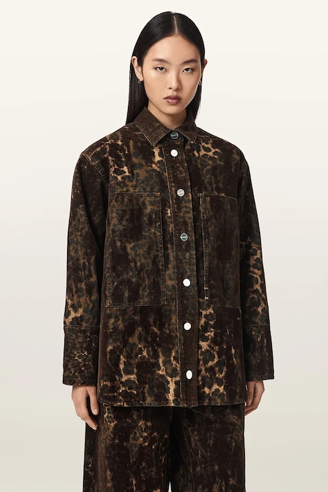 AllSaints Koszula damska jeansowa EDEN FLOCK brązowa z motywem zwierzęcym W039PF