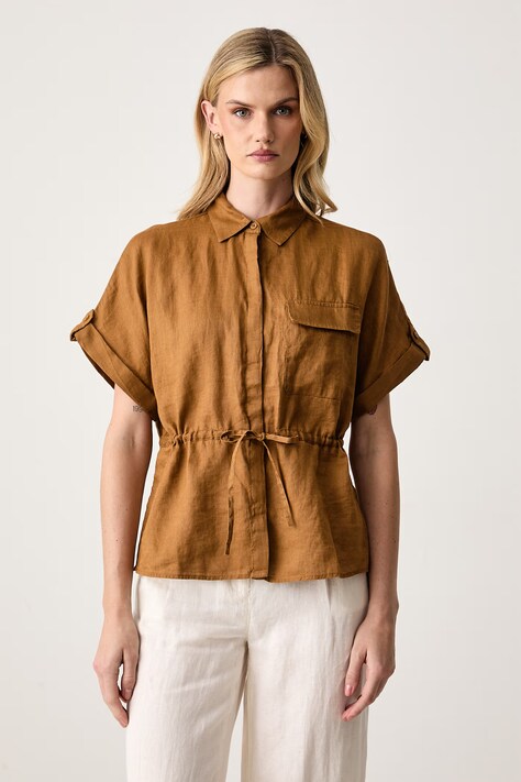 United Colors of Benetton Риза дамска от лен кафява 5BMLDQ0F4