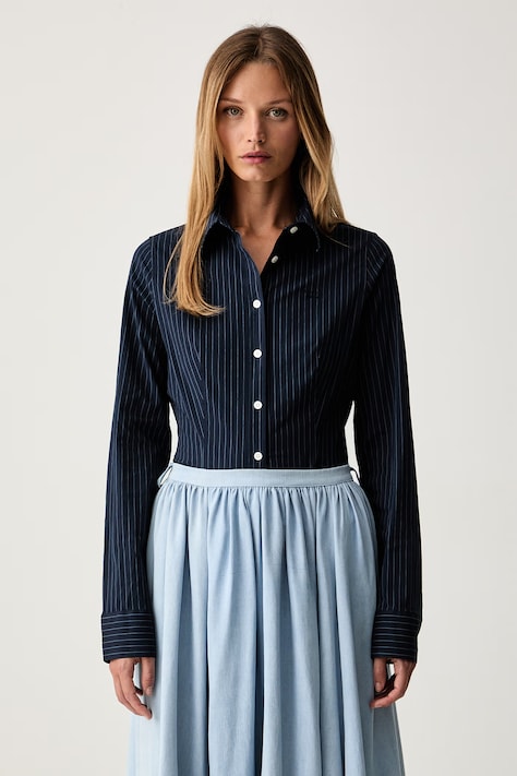 Guess Jeans рубашка для женщин из хлопка с эластаном тёмно-синяя полосатая W6YH11 W2835