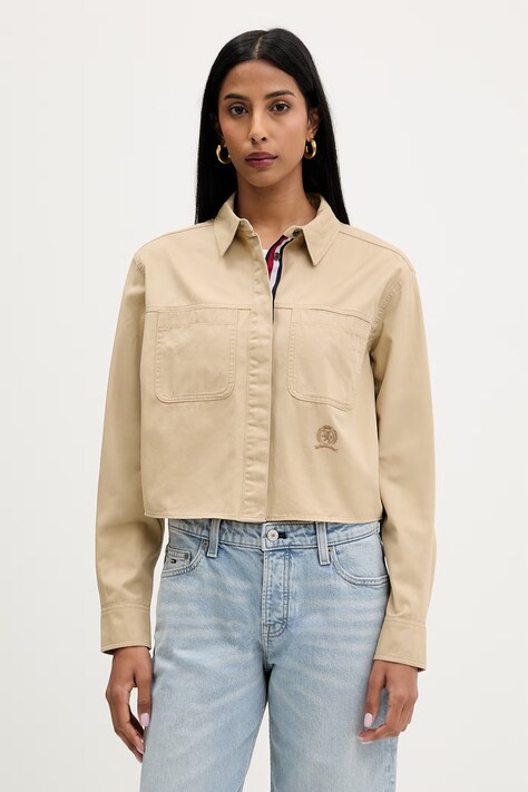 Tommy Jeans košile dámská bavlněná béžová hladká DW0DW22942